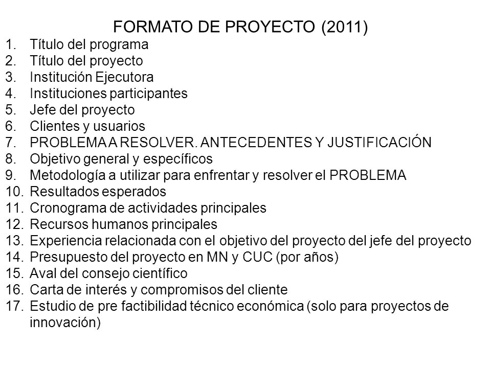 FORMATO DE PROYECTO (2011) Título del programa Título del proyecto