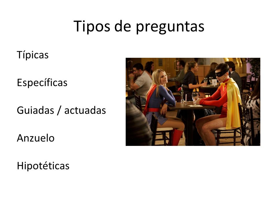 Tipos de preguntas Típicas Específicas Guiadas / actuadas Anzuelo Hipotéticas