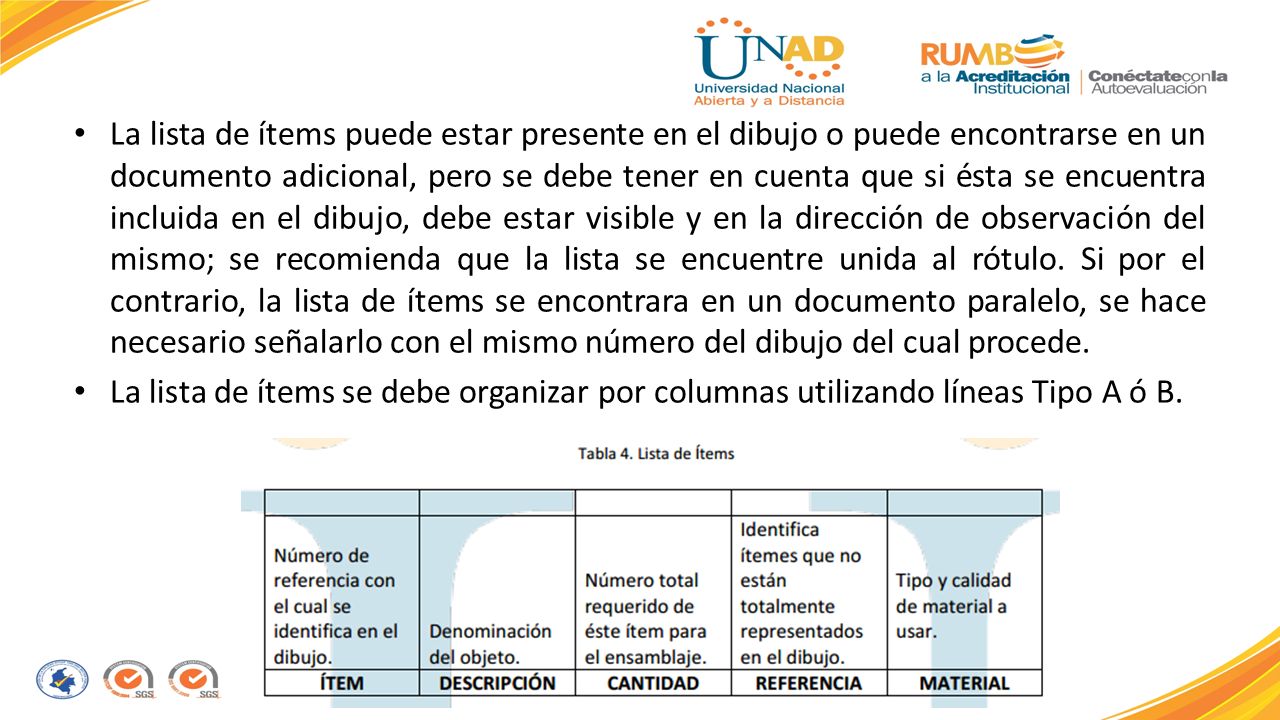La lista de ítems puede estar presente en el dibujo o puede encontrarse en un documento adicional, pero se debe tener en cuenta que si ésta se encuentra incluida en el dibujo, debe estar visible y en la dirección de observación del mismo; se recomienda que la lista se encuentre unida al rótulo. Si por el contrario, la lista de ítems se encontrara en un documento paralelo, se hace necesario señalarlo con el mismo número del dibujo del cual procede.