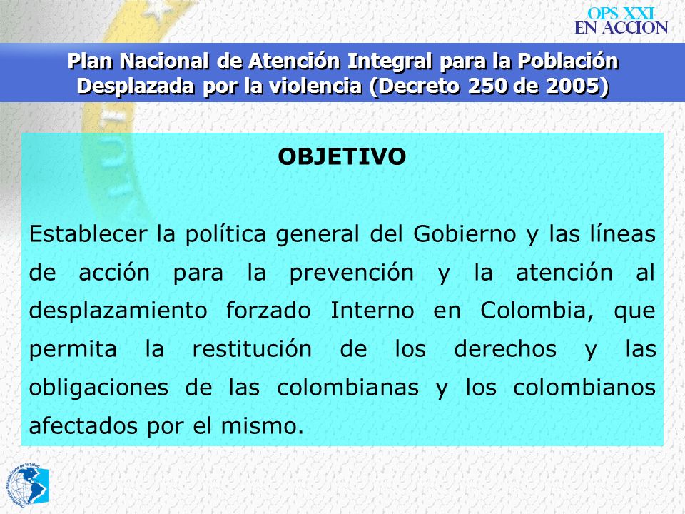 Plan Nacional de Atención Integral para la Población Desplazada por la violencia (Decreto 250 de 2005)