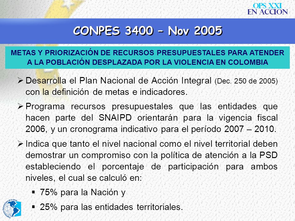 CONPES 3400 – Nov 2005 METAS Y PRIORIZACIÓN DE RECURSOS PRESUPUESTALES PARA ATENDER A LA POBLACIÓN DESPLAZADA POR LA VIOLENCIA EN COLOMBIA.