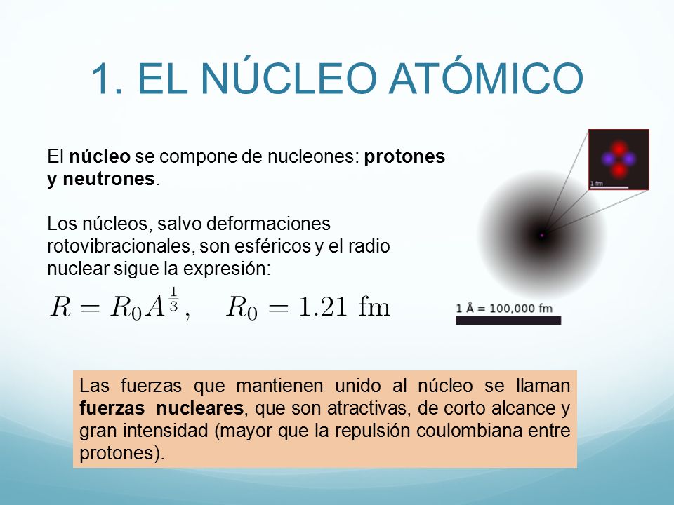 1. EL NÚCLEO ATÓMICO El núcleo se compone de nucleones: protones y neutrones.