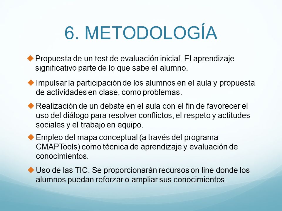 6. METODOLOGÍA Propuesta de un test de evaluación inicial. El aprendizaje significativo parte de lo que sabe el alumno.