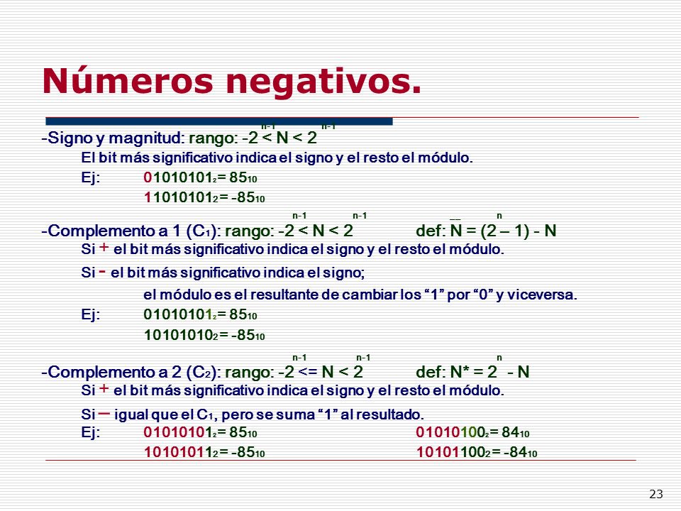 Números negativos. n-1 n-1 -Signo y magnitud: rango: -2 < N < 2