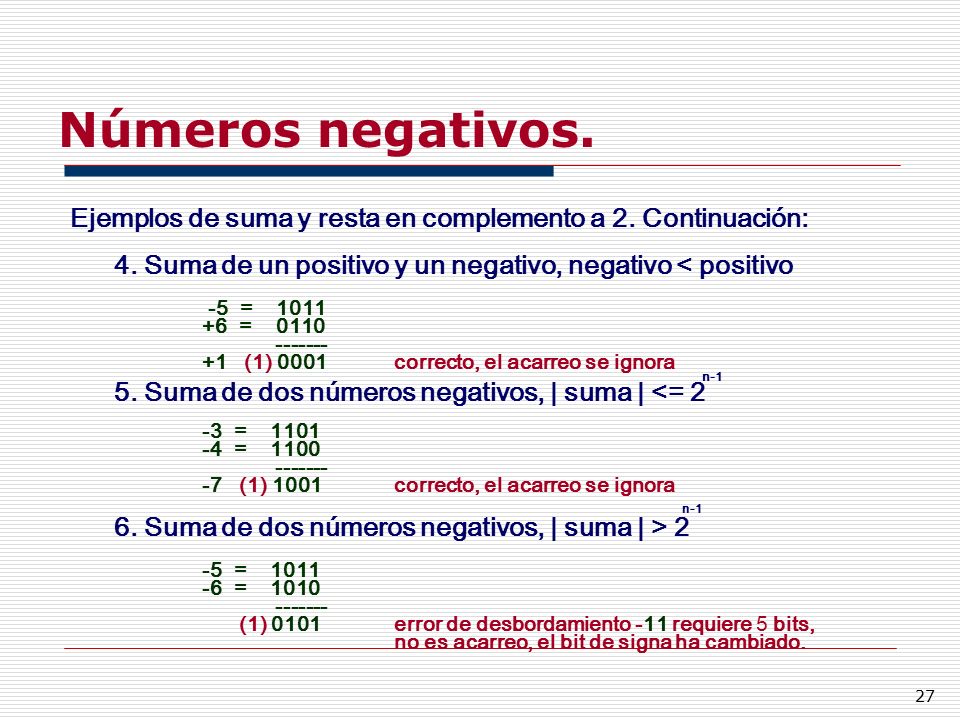 Números negativos. Ejemplos de suma y resta en complemento a 2. Continuación: 4. Suma de un positivo y un negativo, negativo < positivo.