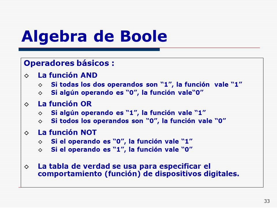 Algebra de Boole Operadores básicos : La función AND La función OR