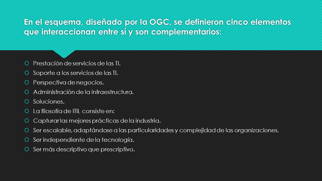 En el esquema, diseñado por la OGC, se definieron cinco elementos que interaccionan entre sí y son complementarios: