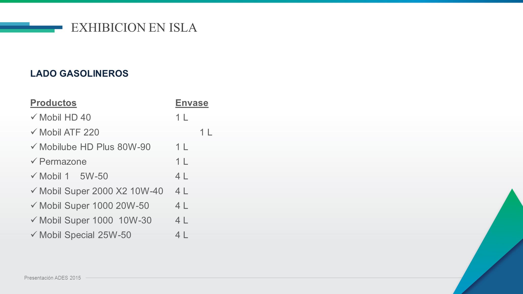 EXHIBICION EN ISLA LADO GASOLINEROS Productos Envase Mobil HD 40 1 L