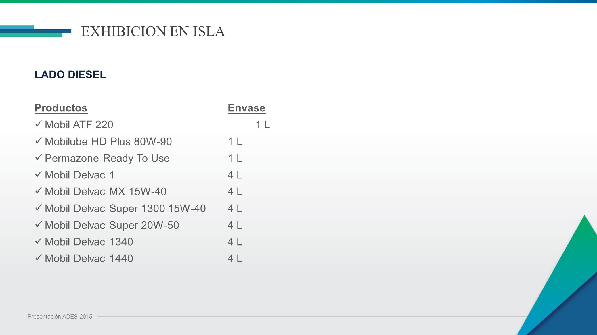 EXHIBICION EN ISLA LADO DIESEL Productos Envase Mobil ATF L