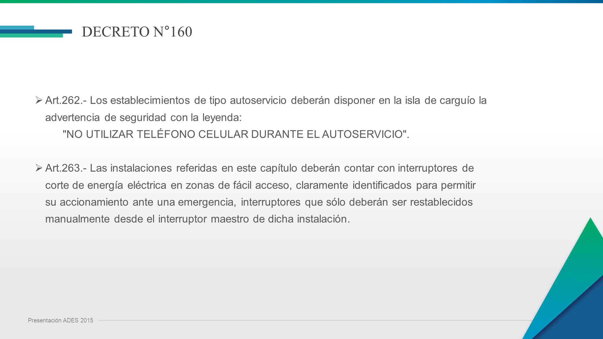 DECRETO N°160 Art Los establecimientos de tipo autoservicio deberán disponer en la isla de carguío la advertencia de seguridad con la leyenda: