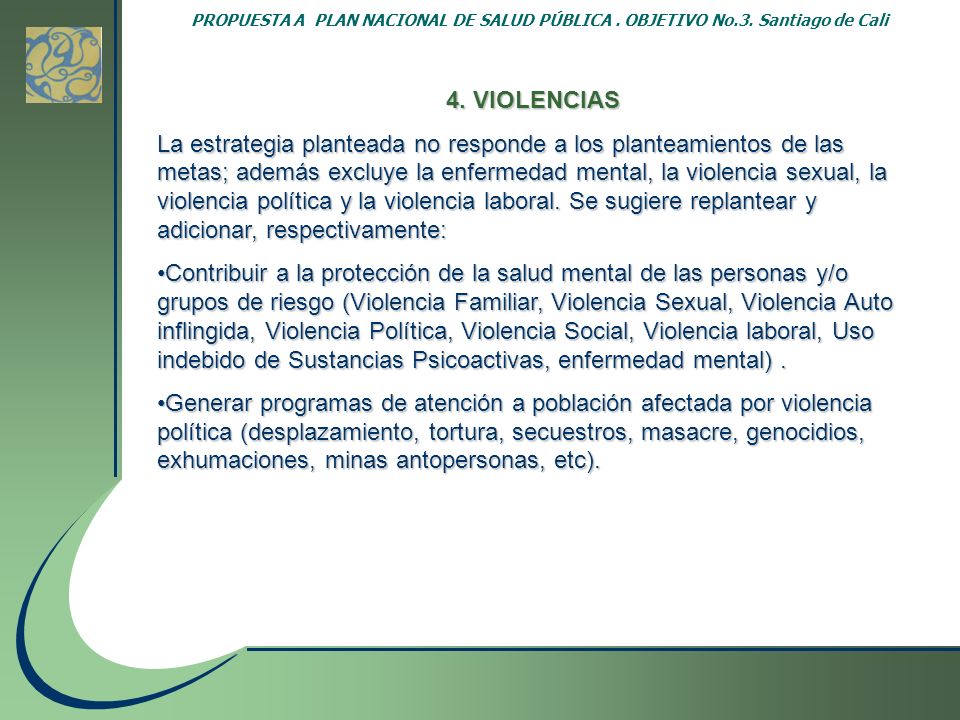 PROPUESTA A PLAN NACIONAL DE SALUD PÚBLICA. OBJETIVO No. 3