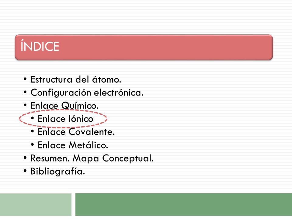 ÍNDICE Estructura del átomo. Configuración electrónica. Enlace Químico. Enlace Iónico. Enlace Covalente.