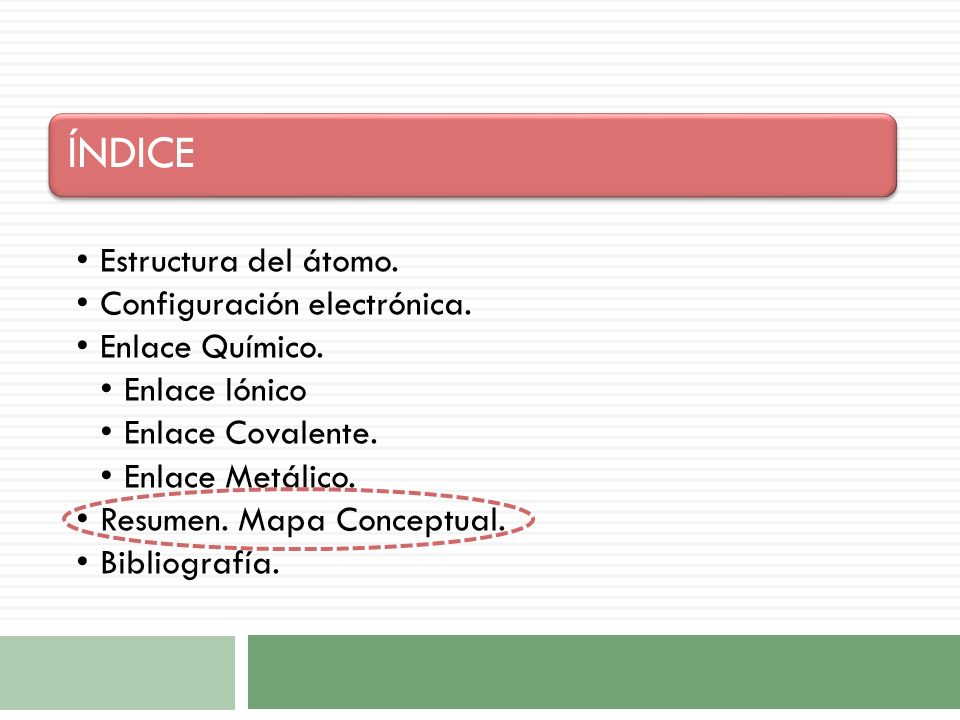 ÍNDICE Estructura del átomo. Configuración electrónica. Enlace Químico. Enlace Iónico. Enlace Covalente.