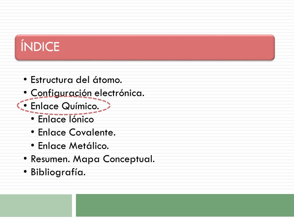 ÍNDICE Estructura del átomo. Configuración electrónica. Enlace Químico. Enlace Iónico. Enlace Covalente.