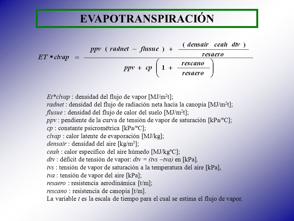 EVAPOTRANSPIRACIÓN Et*clvap : densidad del flujo de vapor [MJ/m2t];
