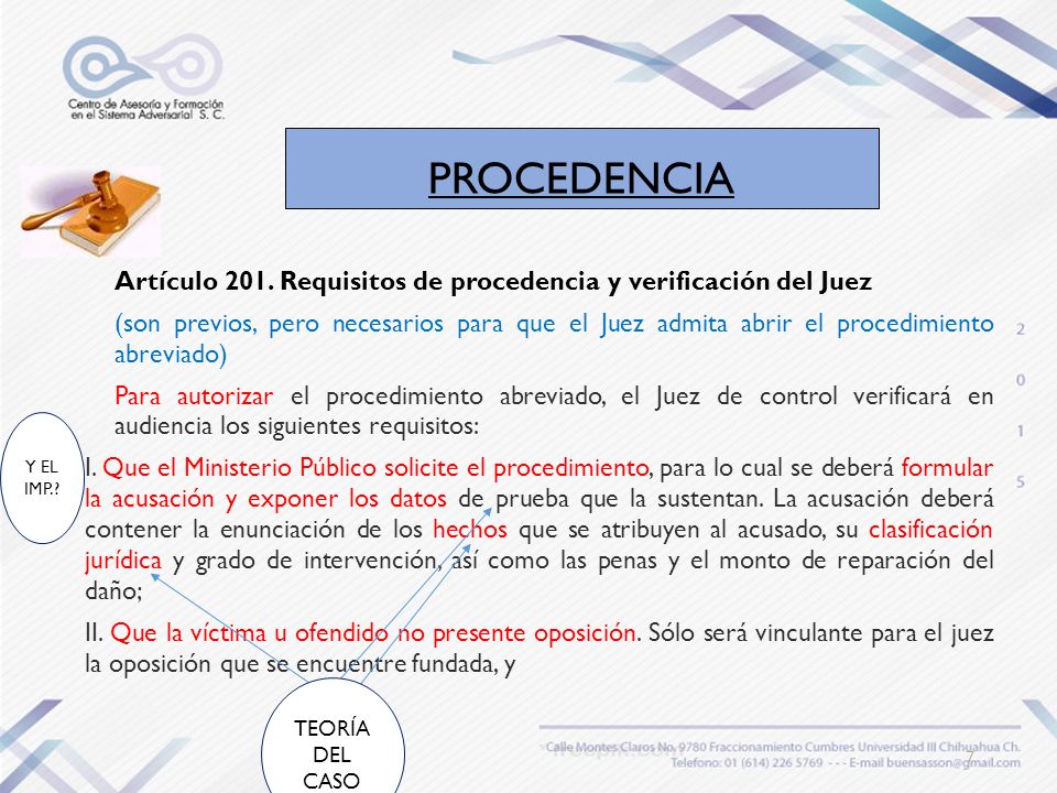 PROCEDENCIA Artículo 201. Requisitos de procedencia y verificación del Juez.