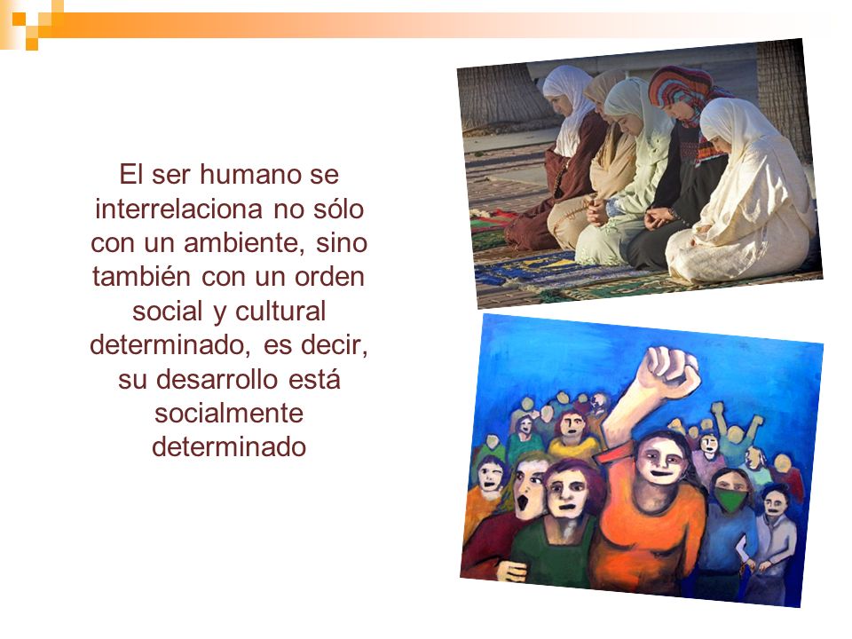 El ser humano se interrelaciona no sólo con un ambiente, sino también con un orden social y cultural determinado, es decir, su desarrollo está socialmente determinado