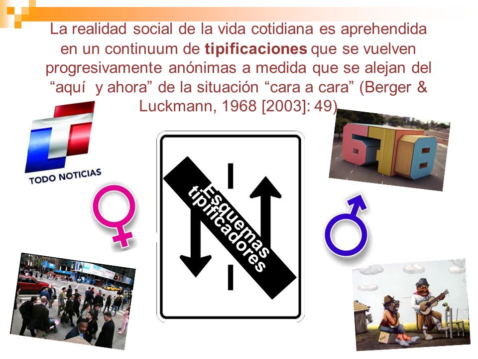 La realidad social de la vida cotidiana es aprehendida en un continuum de tipificaciones que se vuelven progresivamente anónimas a medida que se alejan del aquí y ahora de la situación cara a cara (Berger & Luckmann, 1968 [2003]: 49)