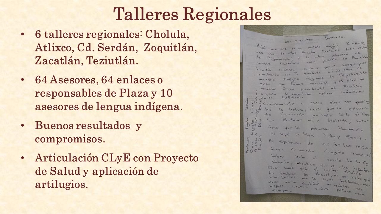 Talleres Regionales 6 talleres regionales: Cholula, Atlixco, Cd. Serdán, Zoquitlán, Zacatlán, Teziutlán.