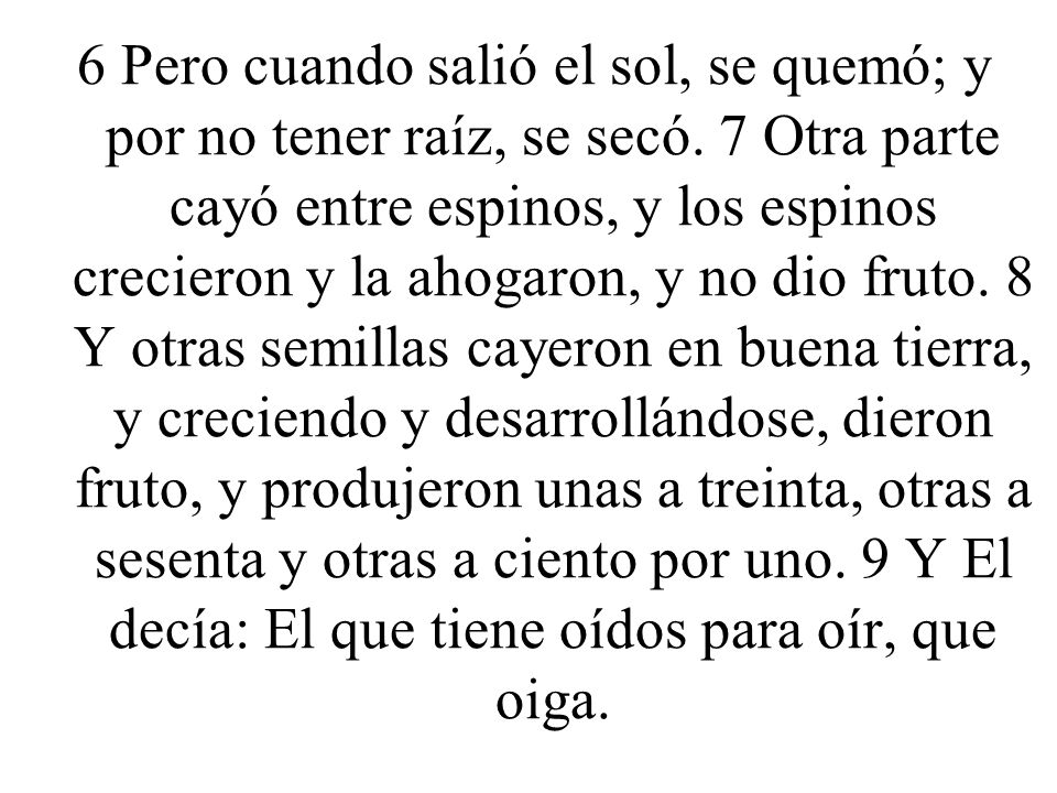 6 Pero cuando salió el sol, se quemó; y por no tener raíz, se secó