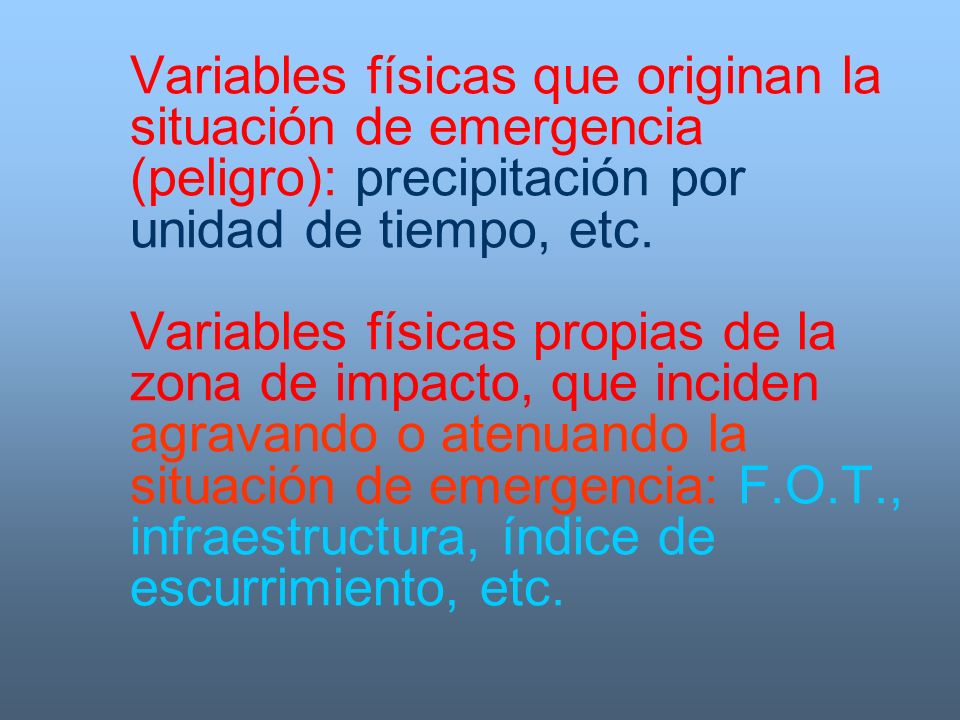 Variables físicas que originan la situación de emergencia (peligro): precipitación por unidad de tiempo, etc.