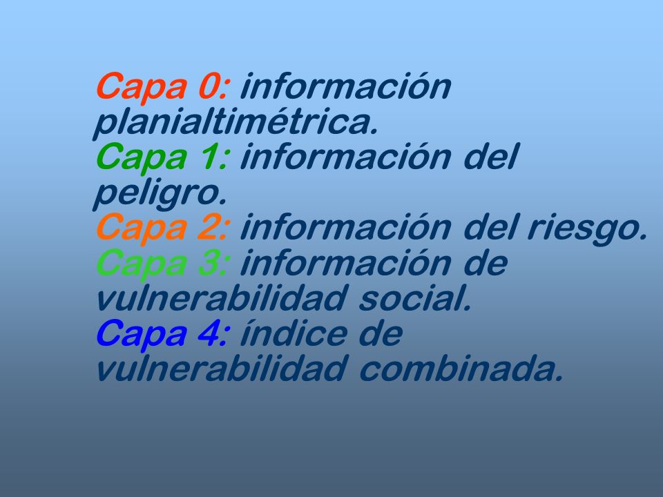 Capa 0: información planialtimétrica. Capa 1: información del peligro