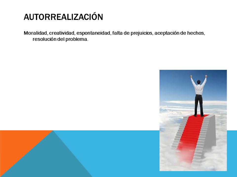 Autorrealización Moralidad, creatividad, espontaneidad, falta de prejuicios, aceptación de hechos, resolución del problema.