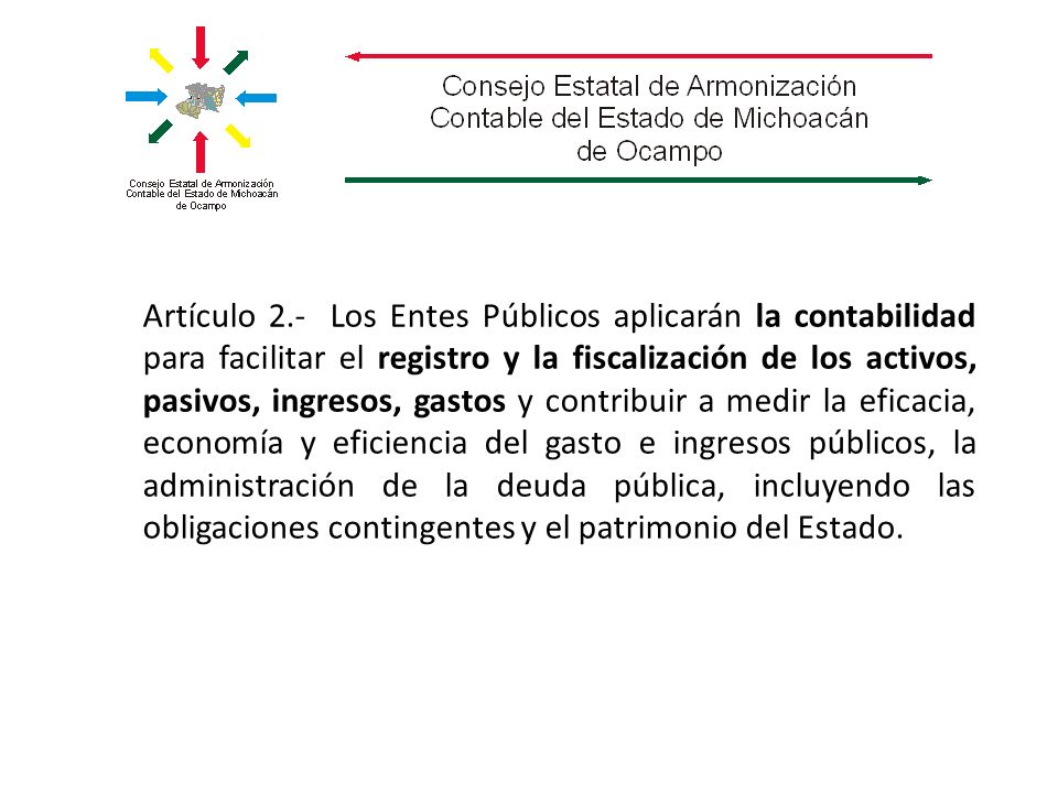 Artículo 2.- Los Entes Públicos aplicarán la contabilidad para facilitar el registro y la fiscalización de los activos, pasivos, ingresos, gastos y contribuir a medir la eficacia, economía y eficiencia del gasto e ingresos públicos, la administración de la deuda pública, incluyendo las obligaciones contingentes y el patrimonio del Estado.