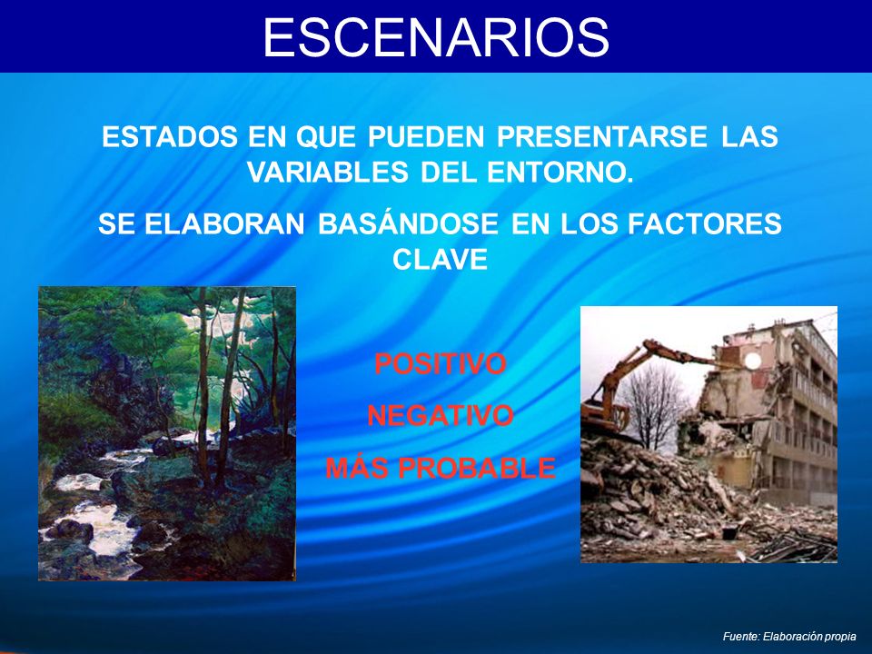 ESCENARIOS ESTADOS EN QUE PUEDEN PRESENTARSE LAS VARIABLES DEL ENTORNO. SE ELABORAN BASÁNDOSE EN LOS FACTORES CLAVE.
