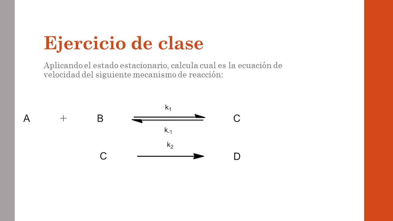 Ejercicio de clase Aplicando el estado estacionario, calcula cual es la ecuación de velocidad del siguiente mecanismo de reacción: