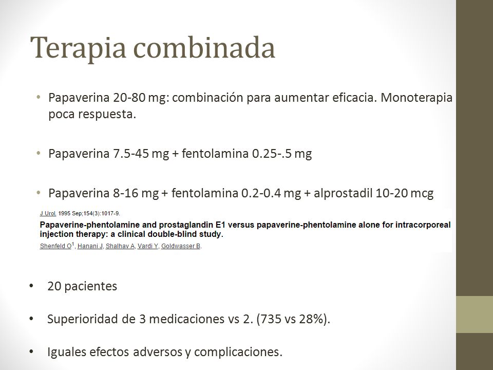 Terapia combinada Papaverina mg: combinación para aumentar eficacia. Monoterapia poca respuesta.