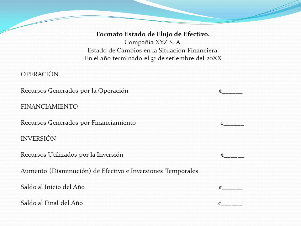Formato Estado de Flujo de Efectivo. Compañía XYZ S. A