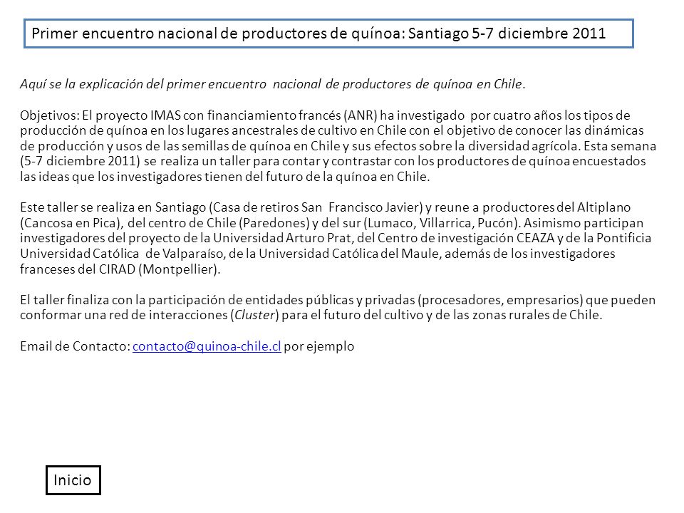 Primer encuentro nacional de productores de quínoa: Santiago 5-7 diciembre 2011