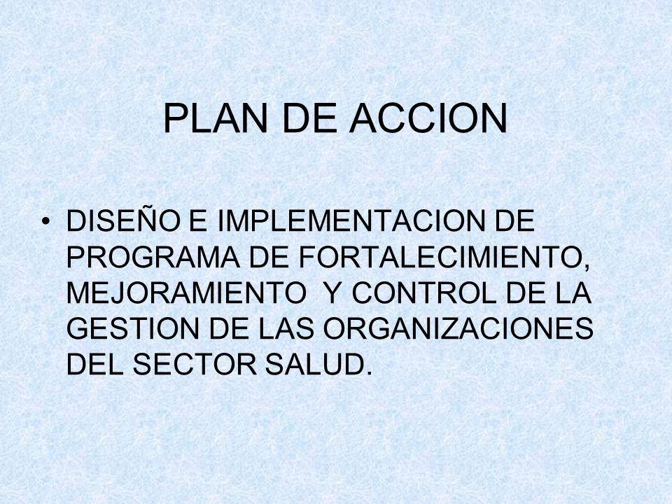 PLAN DE ACCION DISEÑO E IMPLEMENTACION DE PROGRAMA DE FORTALECIMIENTO, MEJORAMIENTO Y CONTROL DE LA GESTION DE LAS ORGANIZACIONES DEL SECTOR SALUD.