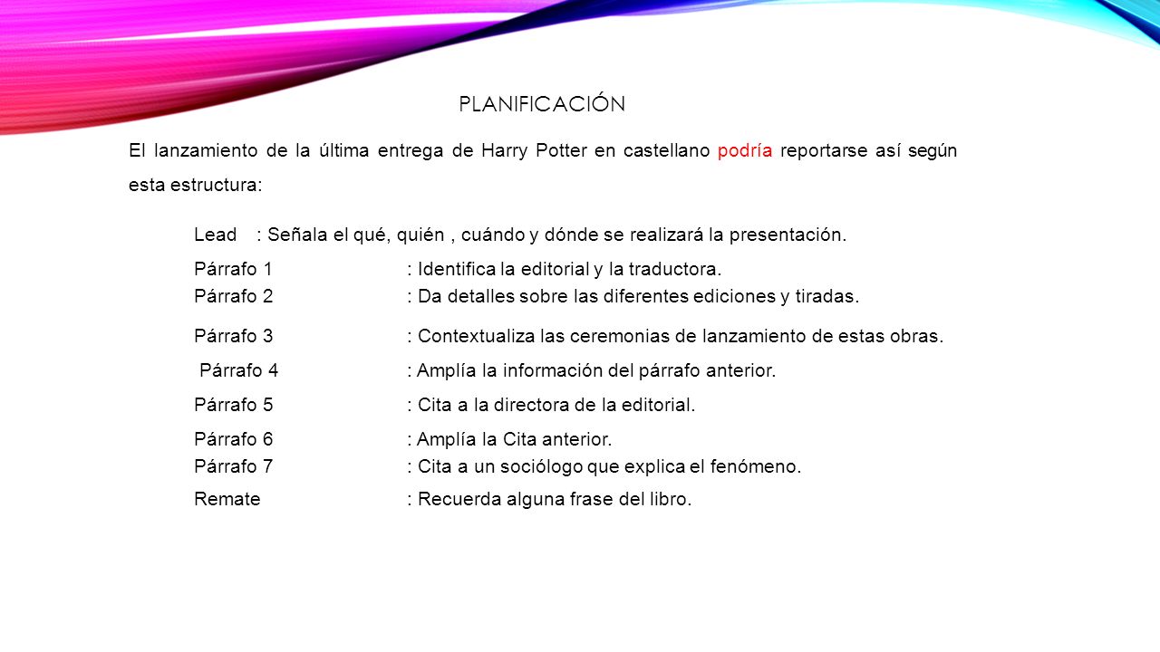 4/26/2017 4:11 AM PLANIFICACIÓN. El lanzamiento de la última entrega de Harry Potter en castellano podría reportarse así según esta estructura: