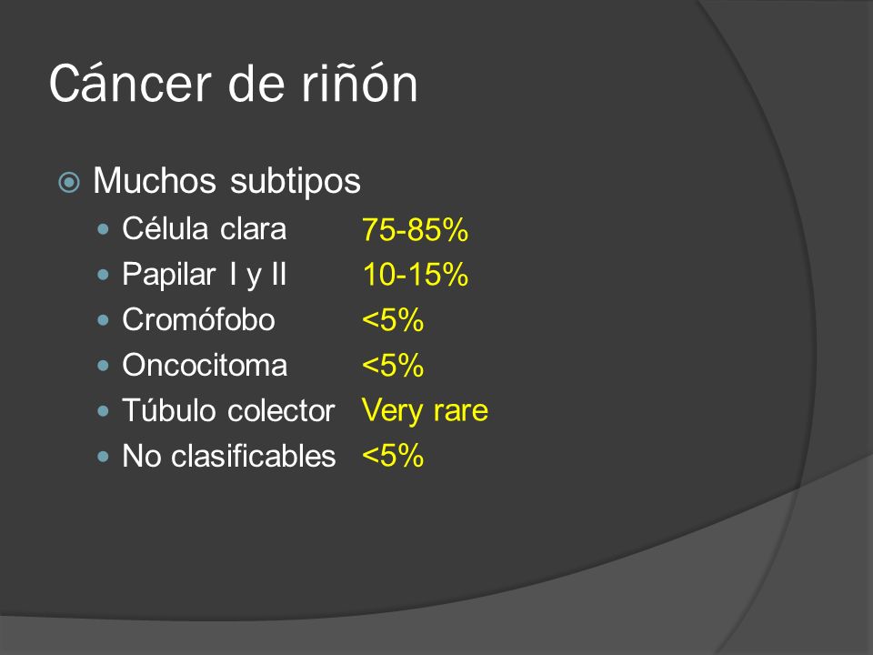 Cáncer de riñón Muchos subtipos Célula clara Papilar I y II 75-85%