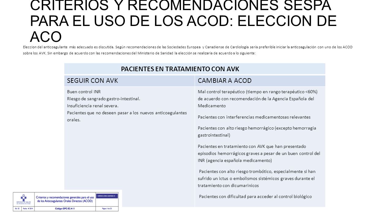 CRITERIOS Y RECOMENDACIONES SESPA PARA EL USO DE LOS ACOD: ELECCION DE ACO