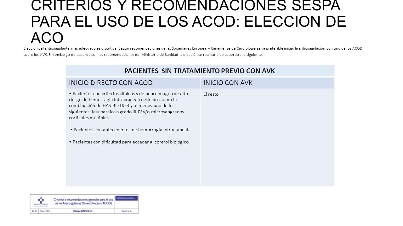 CRITERIOS Y RECOMENDACIONES SESPA PARA EL USO DE LOS ACOD: ELECCION DE ACO