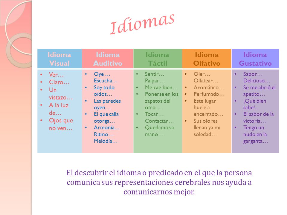 Idiomas Idioma Visual. Idioma Auditivo. Idioma Táctil. Idioma Olfativo. Idioma Gustativo. Ver…