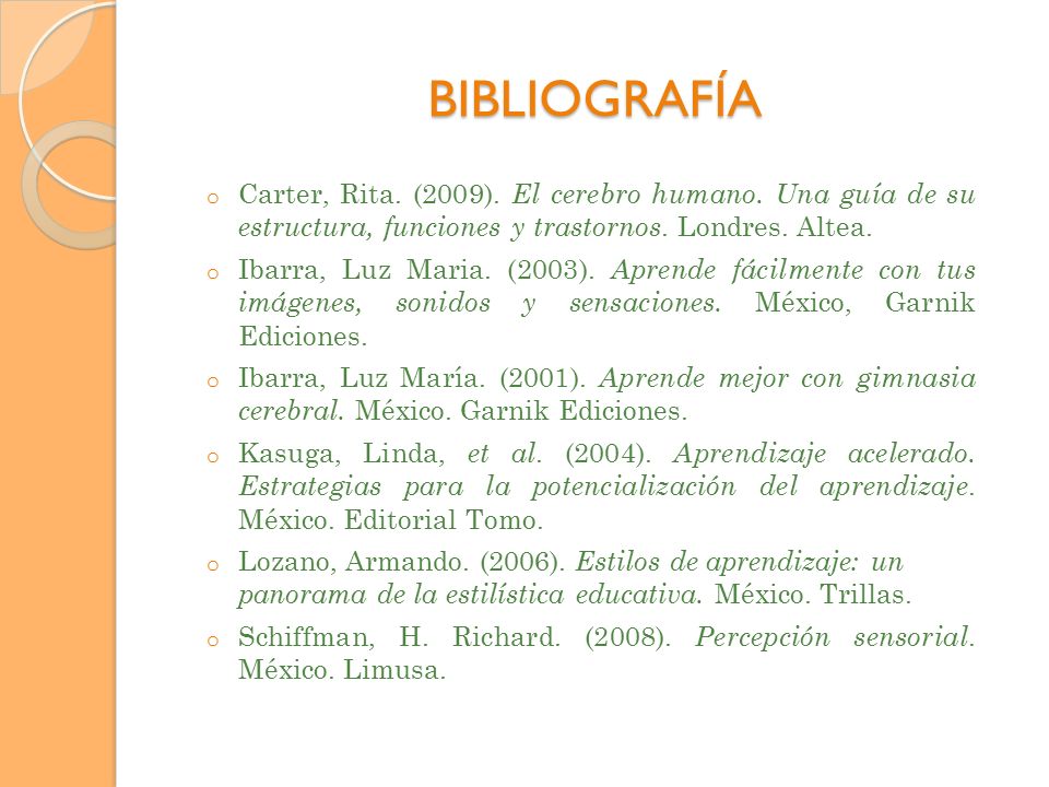 BIBLIOGRAFÍA Carter, Rita. (2009). El cerebro humano. Una guía de su estructura, funciones y trastornos. Londres. Altea.