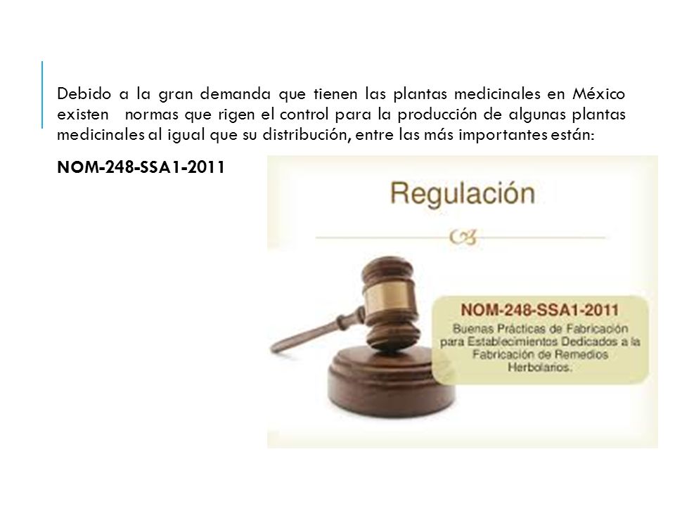 Debido a la gran demanda que tienen las plantas medicinales en México existen normas que rigen el control para la producción de algunas plantas medicinales al igual que su distribución, entre las más importantes están: