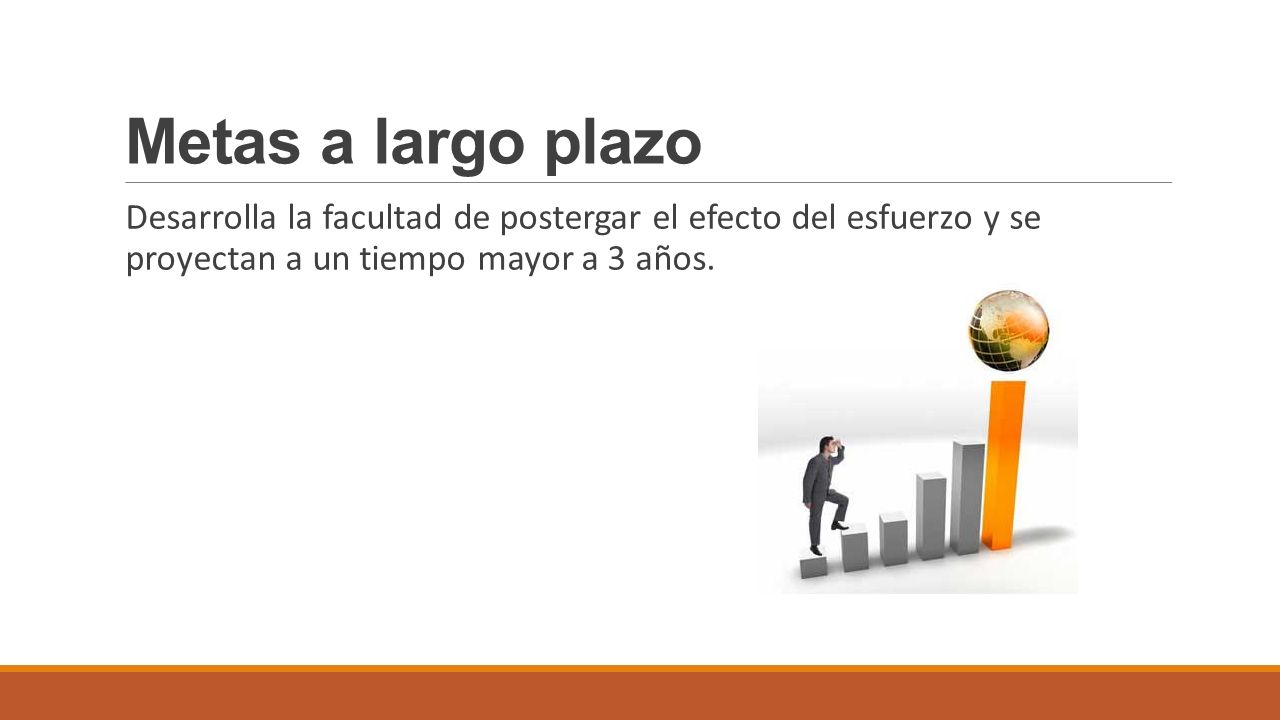 Metas a largo plazo Desarrolla la facultad de postergar el efecto del esfuerzo y se proyectan a un tiempo mayor a 3 años.