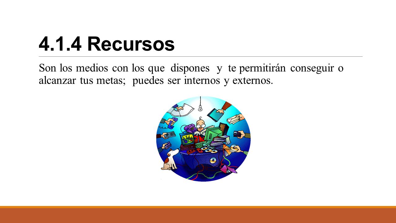 4.1.4 Recursos Son los medios con los que dispones y te permitirán conseguir o alcanzar tus metas; puedes ser internos y externos.