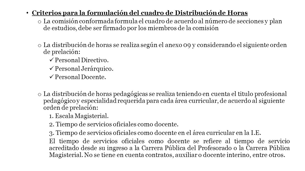 Criterios para la formulación del cuadro de Distribución de Horas
