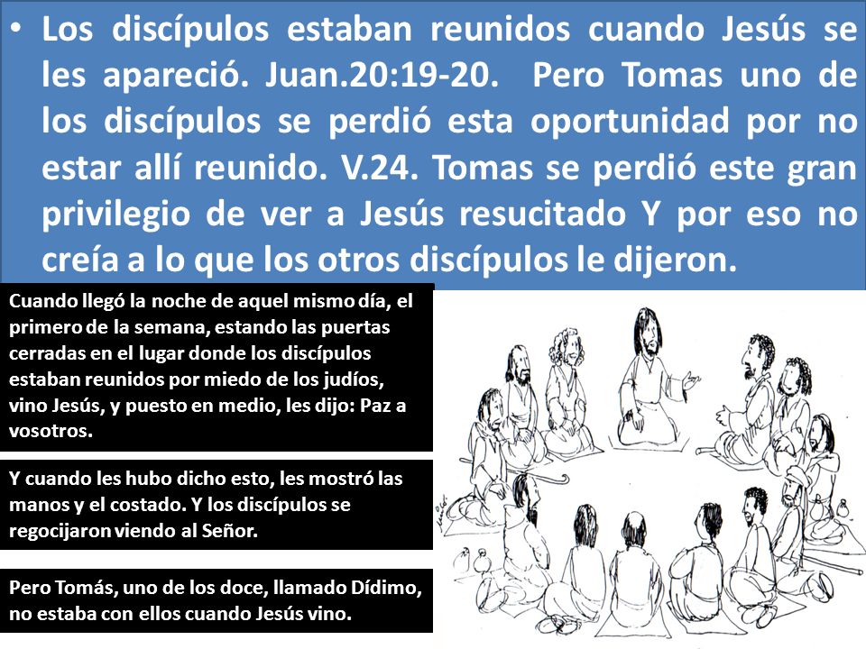 Los discípulos estaban reunidos cuando Jesús se les apareció. Juan