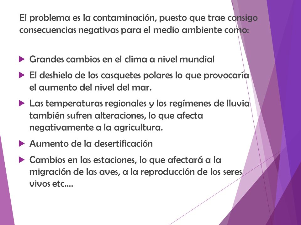 El problema es la contaminación, puesto que trae consigo consecuencias negativas para el medio ambiente como: