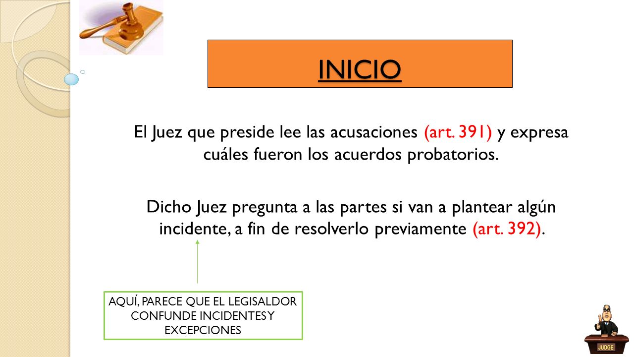 INICIO El Juez que preside lee las acusaciones (art. 391) y expresa cuáles fueron los acuerdos probatorios.