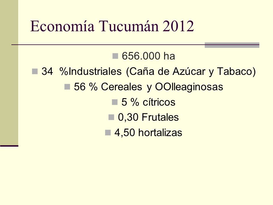 Economía Tucumán ha. 34 %Industriales (Caña de Azúcar y Tabaco) 56 % Cereales y OOlleaginosas.