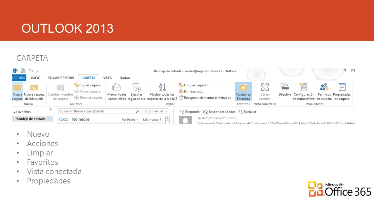 OUTLOOK 2013 CARPETA Nuevo Acciones Limpiar Favoritos Vista conectada