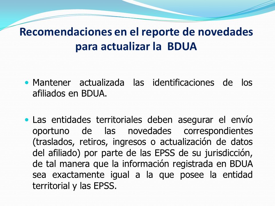 Recomendaciones en el reporte de novedades para actualizar la BDUA